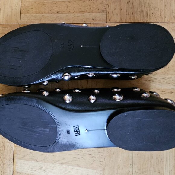 ZARA Studded Leather Black Ballet Flats - Picture 6 of 9